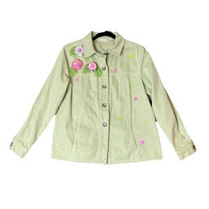 Susan Graver Large Sage‎ Green Denim Embroidered Jacket Floral Patchwork Boho